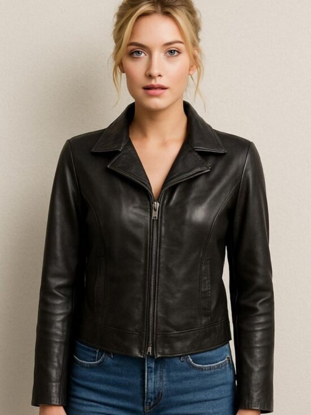 Siena Studio Black Genuine Leather Jacket Classic Moto Biker 8